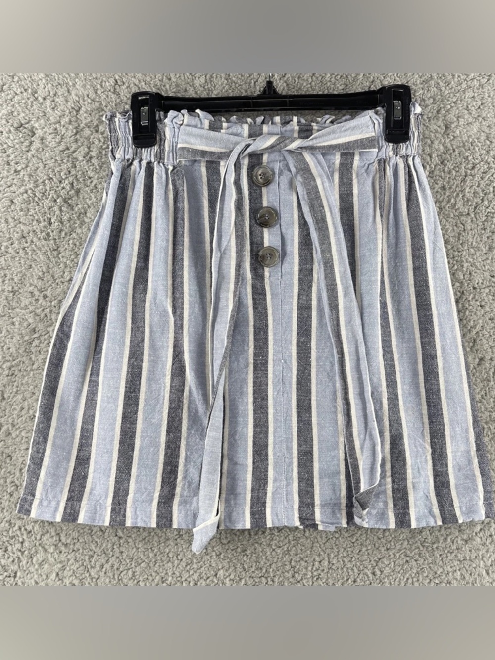 Angie Blue & White Striped Tie-Waist Mini Skirt Elastic Paper-bag Waist
